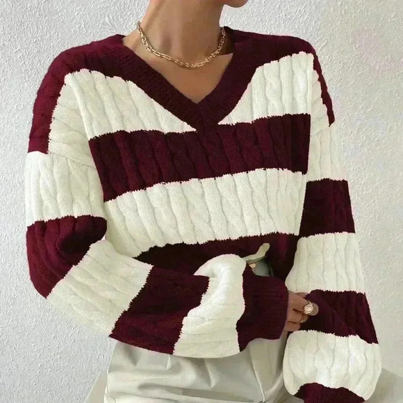 Red Violet Casual Women's Two Tone Cable Knit Drop Shoulder Sweater - Picture 6 of 6